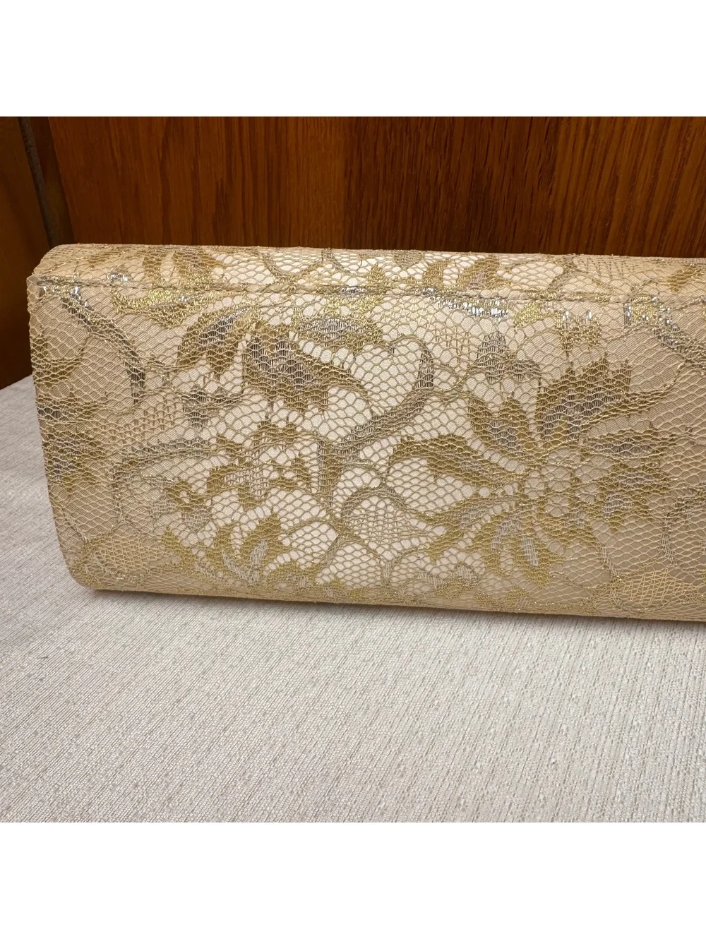 Vintage Gold Metallic Lace Evening Clutch Purse Chain Strap Formal Handbag